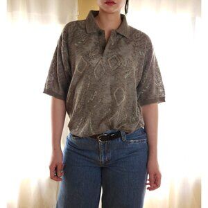 Vintage polo shirt short sleeve knit top abstract olive green, cotton linen
